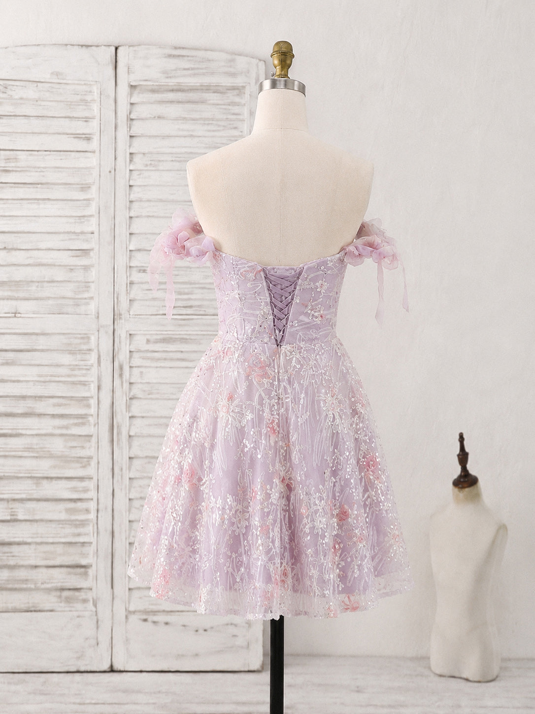 A-line Off Shoulder Tulle Lace Pink Short Prom Dress with Flower