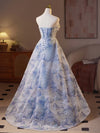 A-Line Sweetheart Neck Flower Blue Long Prom Dress, Blue Evening Dress