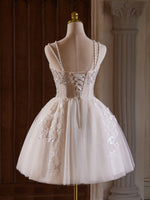 A-Line Sweetheart Neck Tulle Lace Light Champagne Short Prom Dress With Beads