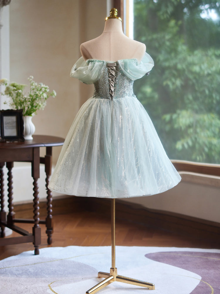 A-Line Off Shoulder Tulle Short Prom Dress, Blue Homecoming Dress