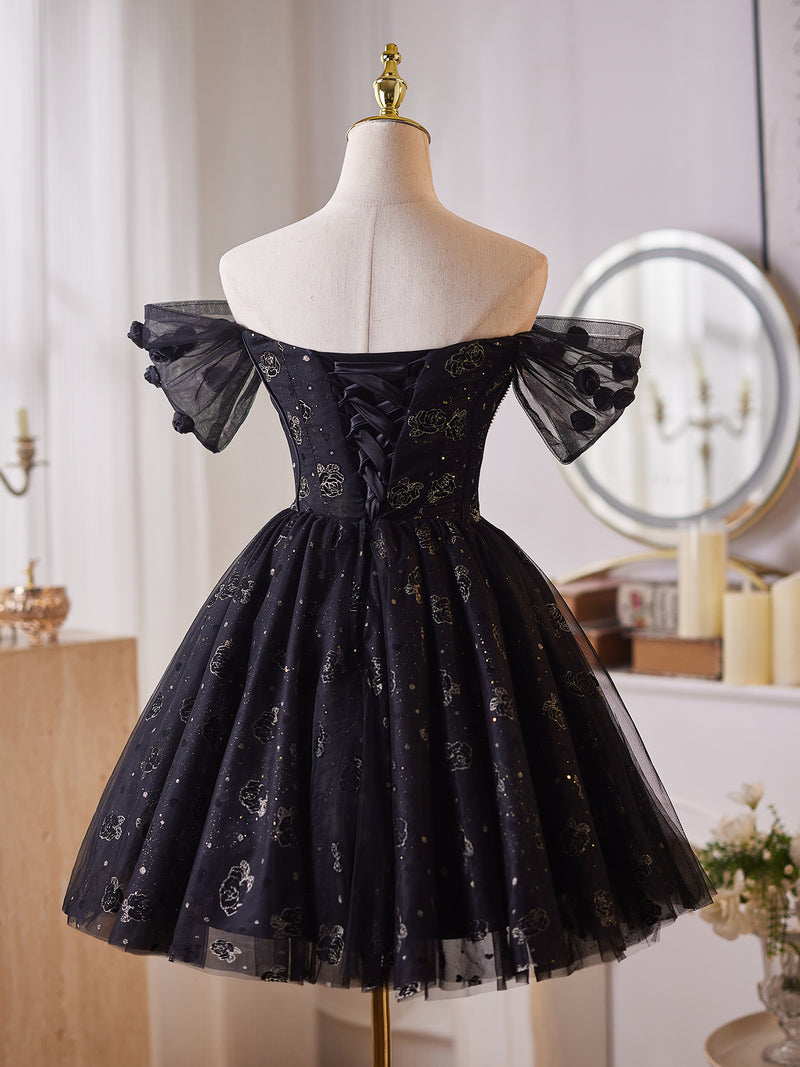 A-Line Off Shoulder Tulle Beads Black Prom Dress, Black Homecoming Dress