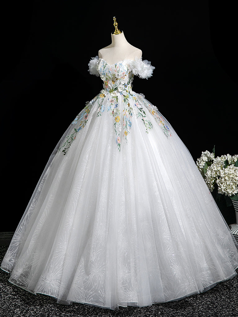 A-Line Tulle Lace White Long Prom Dress, White Long Evening Dress