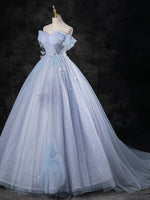 Blue A-Line Off Shoulder Tulle Long Prom Dress, Blue Formal Dress