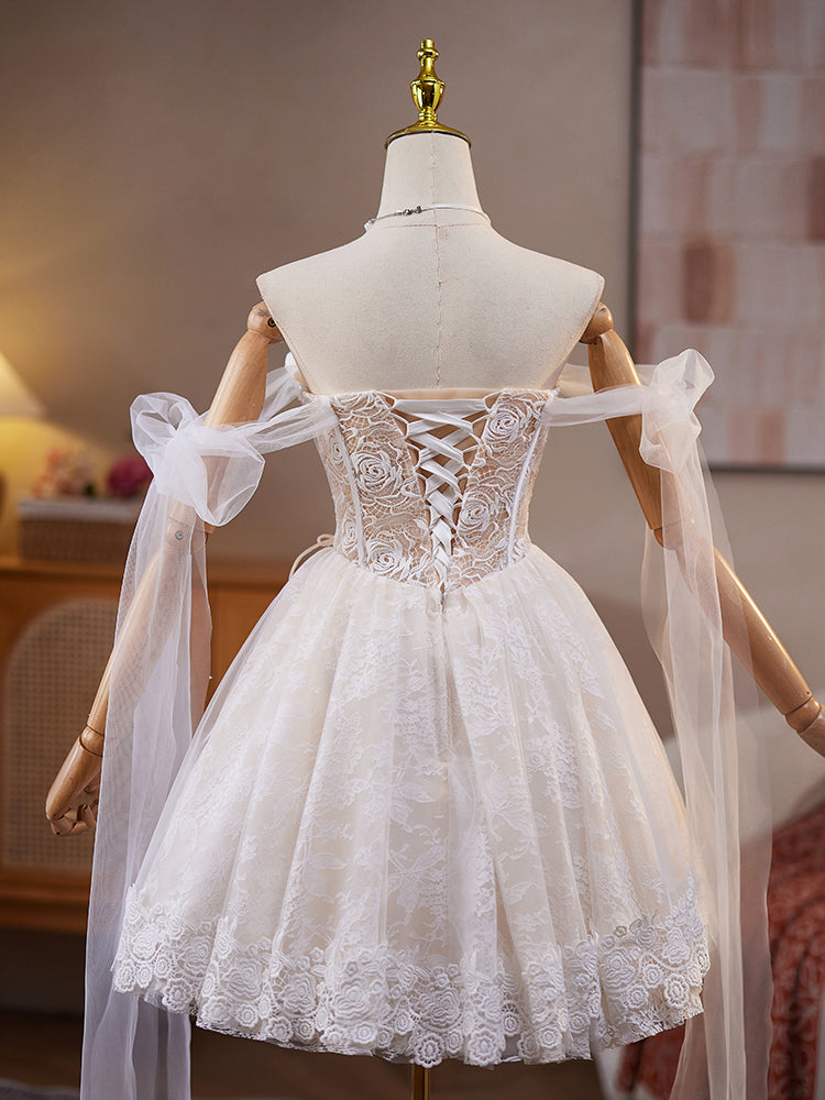 A-Line Off Shoulder Tulle Lace Beige Short Prom Dress, Beige Homecoming Dress