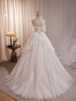 Beige A-line Tulle Beading Long Prom Dress, Beige Formal Dress
