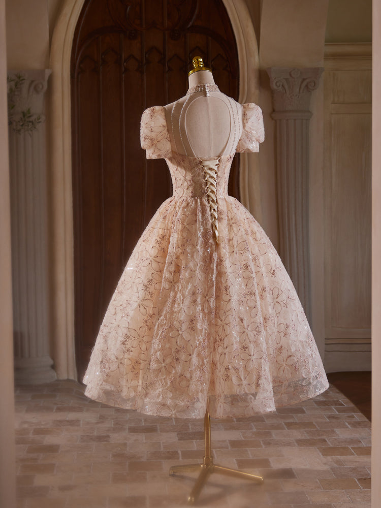 Champagne Pink Tulle Lace Tea Length Prom Dress with Beads Custom Size / Champagne Pink Champagne Pink Tulle Lace Tea Length Prom Dress with Beads Custom Size / Champagne Pink