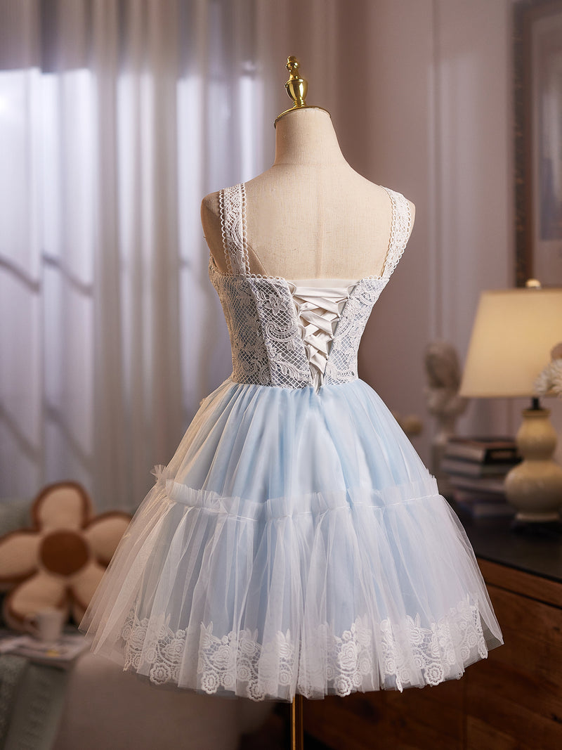 A-Line Tulle Lace Blue Short Prom Dress, Blue Homecoming Dress