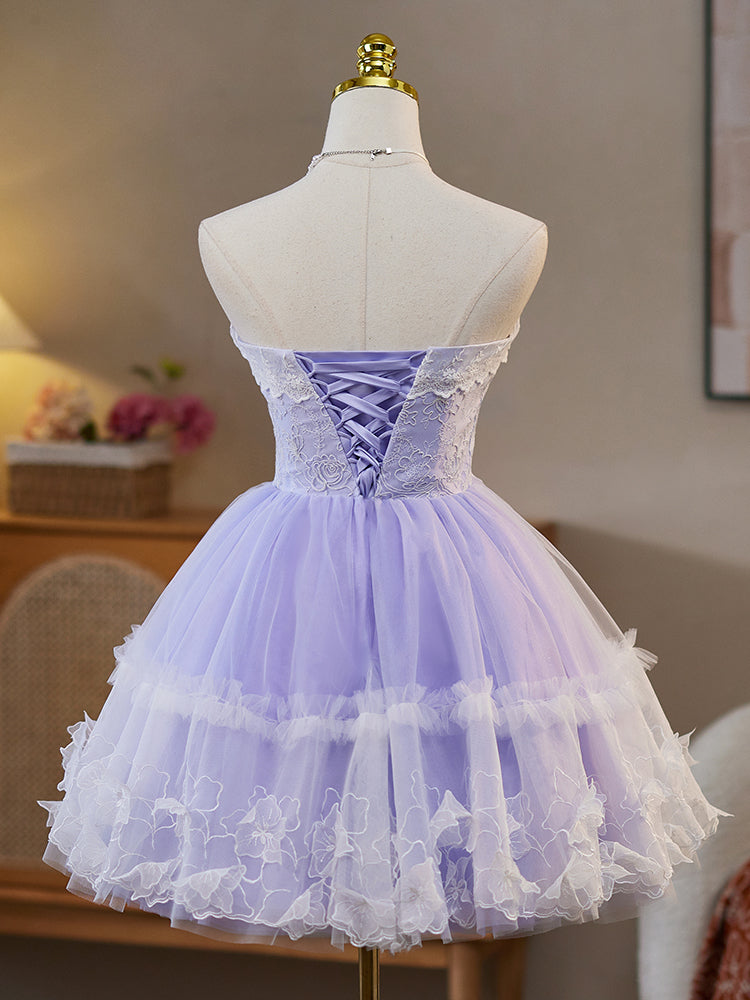 A-Line Sweetheart Neck Tulle Lace Purple Short Prom Dress, Purple Homecoming Dress