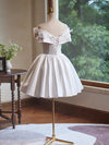 Off Shoulder A-Line Satin White Short Prom Dress with Butterfly Applique