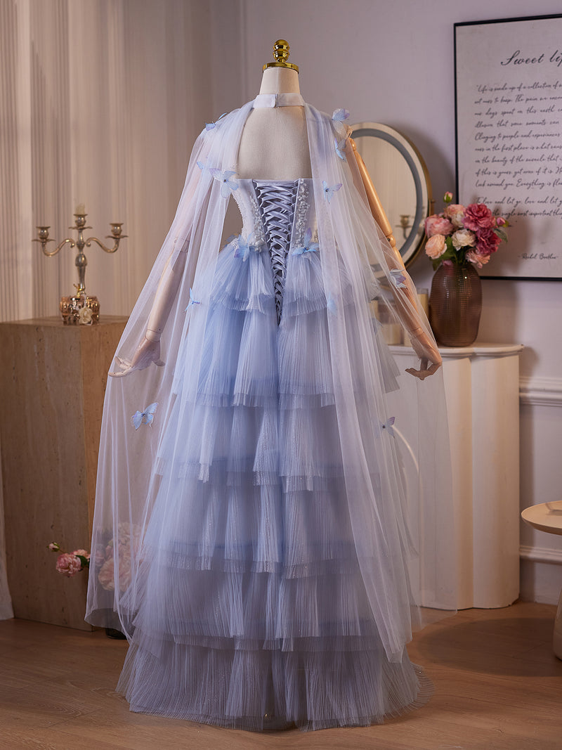 A-Line Tulle Flower Blue Long Prom Dress, Blue Long Evening Dress