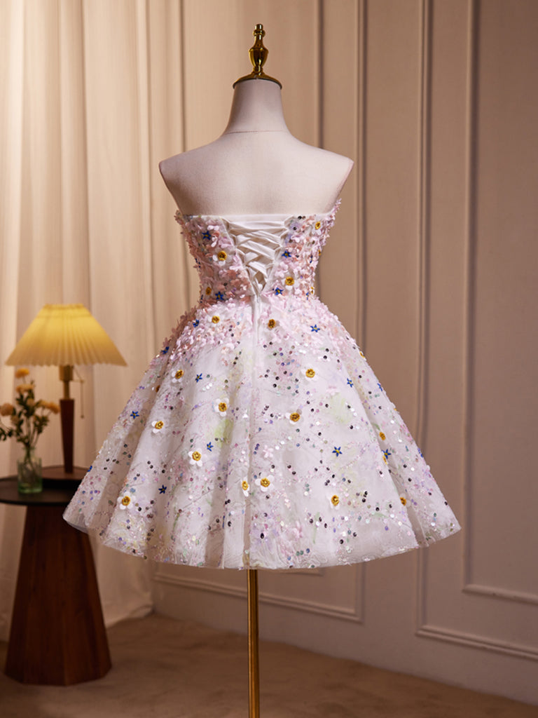 A-Line Sweetheart Neck Tulle Flower Light Pink Short Prom Dress, Light shopluu A-Line Sweetheart Neck Tulle Flower Light Pink Short Prom Dress, Light shopluu