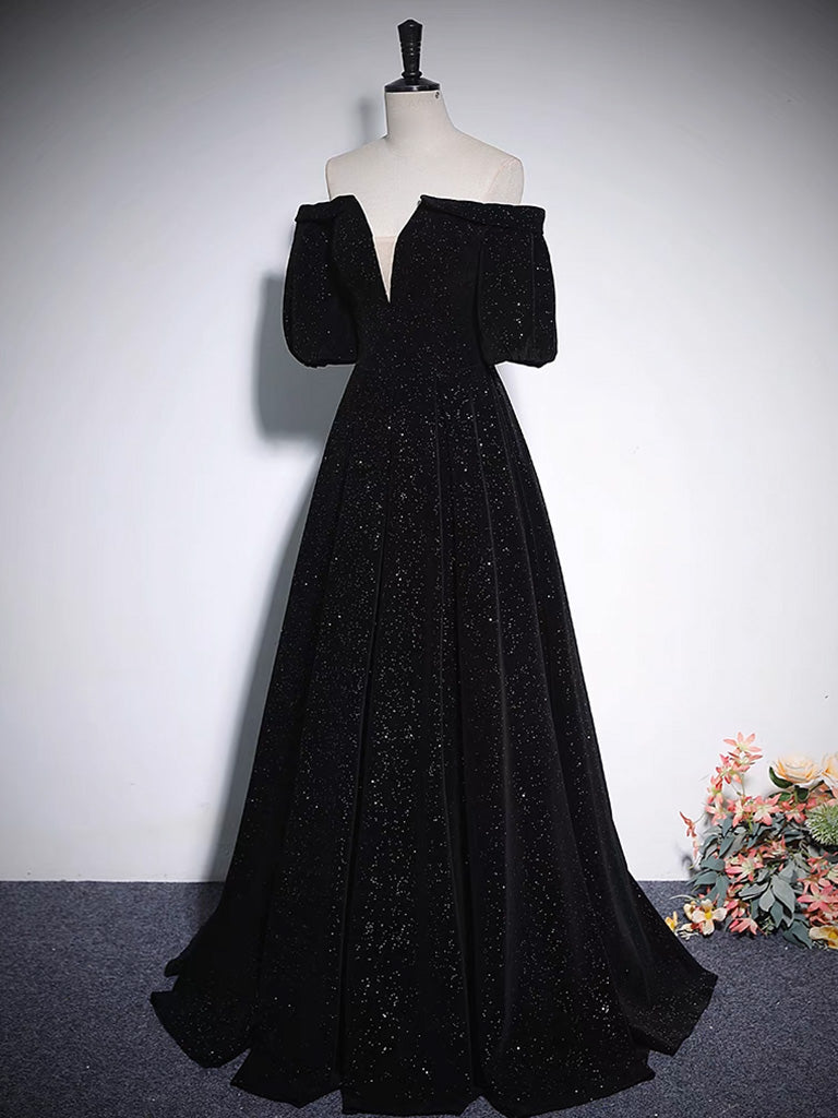 Elegant Velvet Satin Long Prom Dresses, A-Line Evening Dresses US 8 / Black Elegant Velvet Satin Long Prom Dresses, A-Line Evening Dresses US 8 / Black