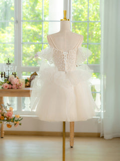 ivory Tulle Lace Short Prom Dress, Cute ivory Homecoming Dress