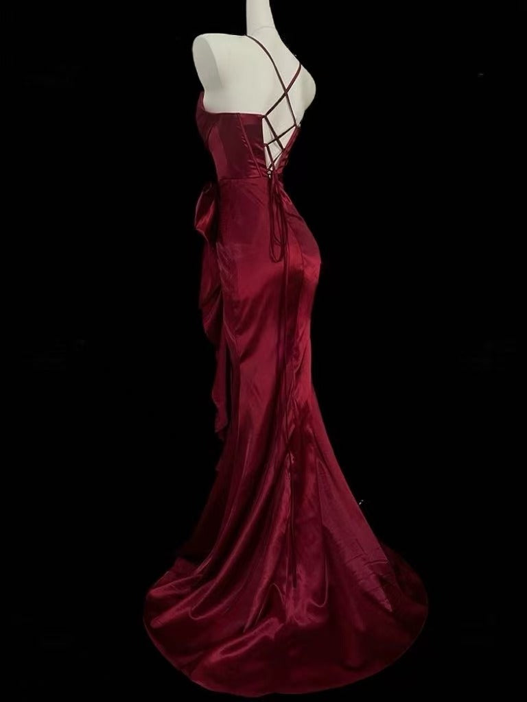 Mermaid Spoon Neck Satin Burgundy Long Prom Dress with Bow