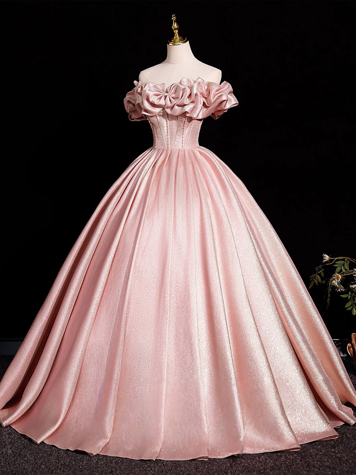 A-Line Off Shoulder Satin Floor Length Pink Long Prom Dress With Beads