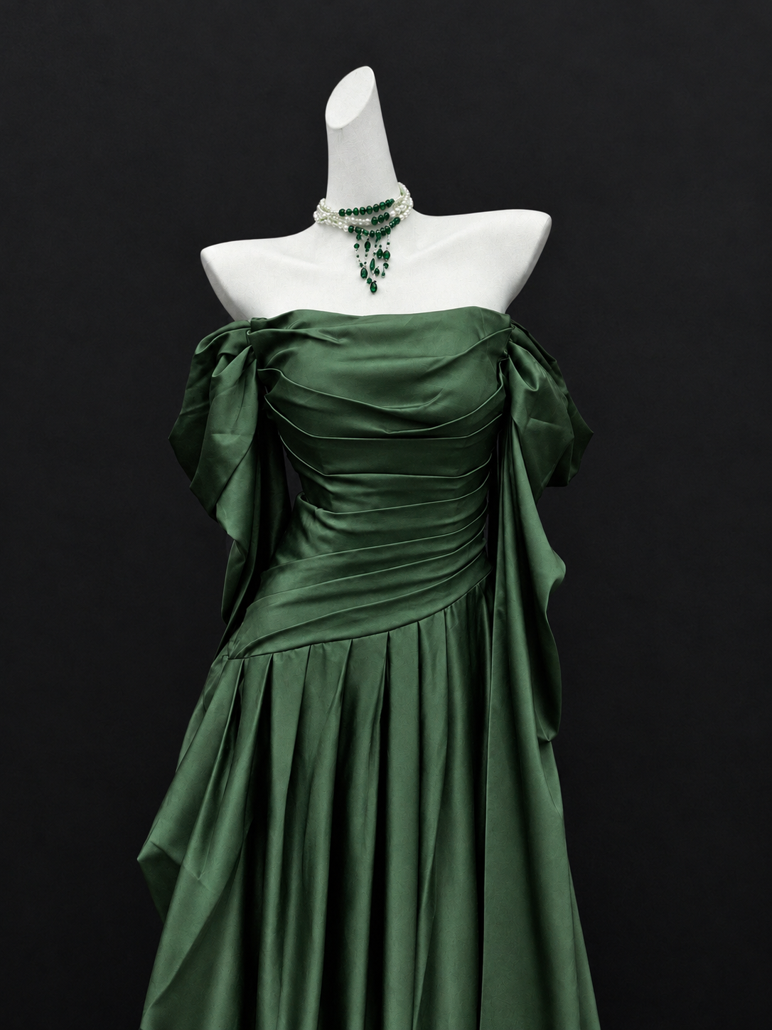 A-Line Off Shoulder Sweep Train Satin Green Long Prom Dress