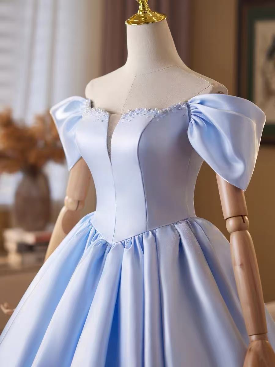 A-line Off Shoulder Satin Short Blue Prom Dress with Beads