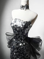 Simple Mermaid Tulle Sequin Black/Silver Long Prom Dress, Black/Silver Long Party Dress