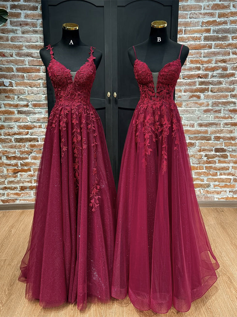 A-Line V Neck Tulle Lace Burgundy Long Prom Dress, Burgundy Long Formal Dress