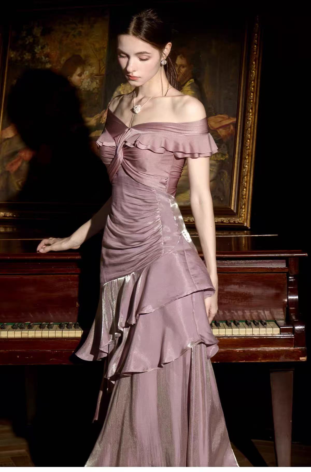 Simple Mermaid Off Shoulder Silk Pink Long Prom Dress