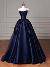 A-Line Off Shoulder Satin Dark Blue Long Prom Dress, Dark Blue Long Formal Dress