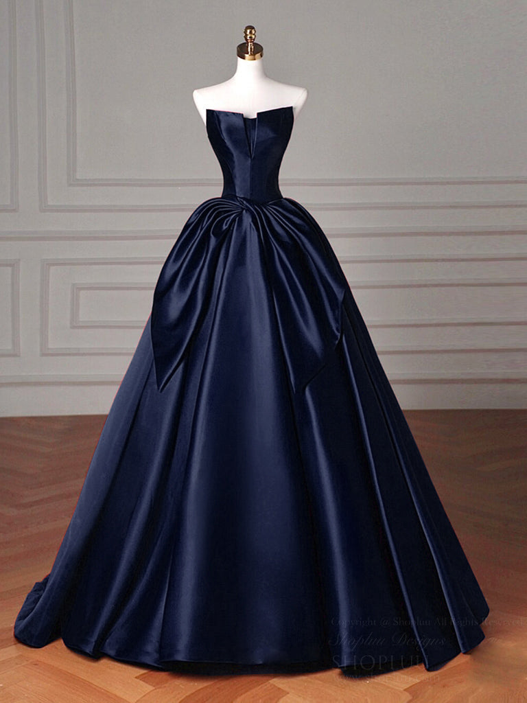 A-Line Off Shoulder Satin Dark Blue Long Prom Dress, Dark Blue Long Formal Dress