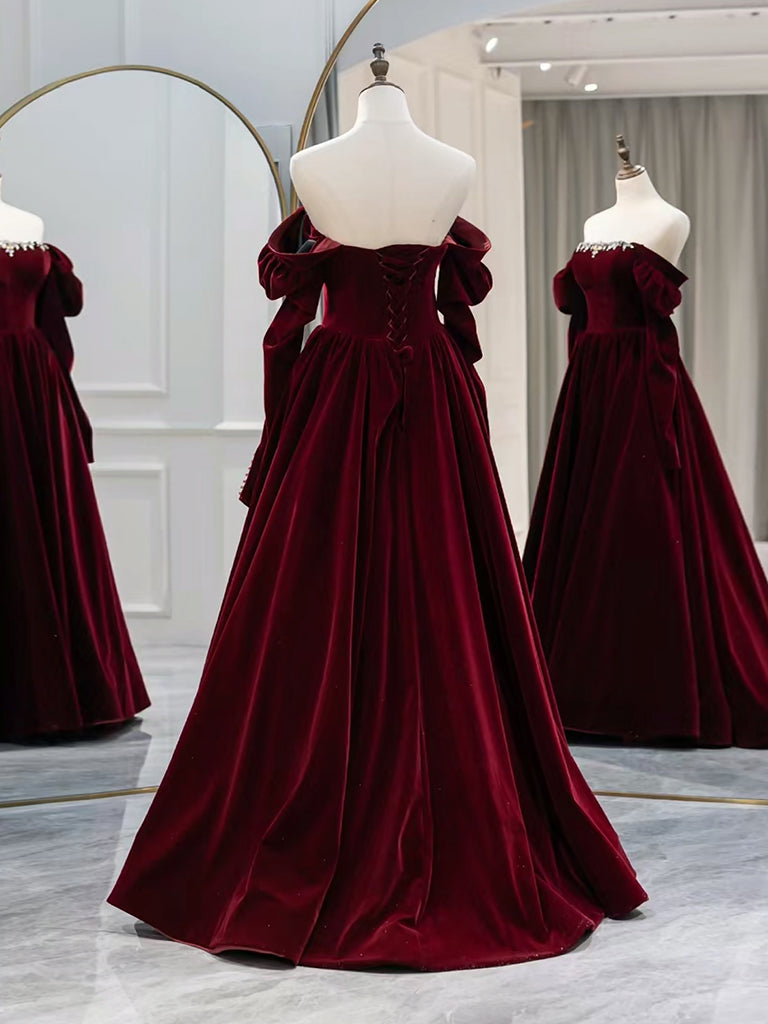A-Line Long Sleeves Velvet Burgundy Long Prom Dress, Burgundy Long Eve