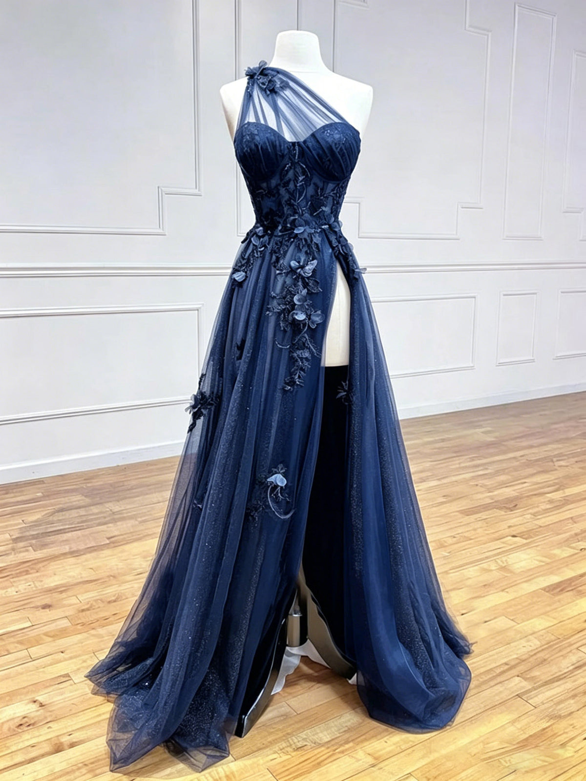 A-Line One Shoulder Tulle Floor Length Dark Blue Prom Dress with Lace Applique
