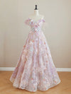 A-Line Tulle Lace Flower Pink Long Prom Dress, Pink Formal Dress
