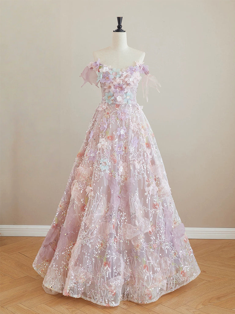 A-Line Tulle Lace Flower Pink Long Prom Dress, Pink Formal Dress