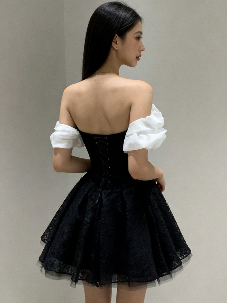 A-Line Off Shoulder Tulle Lace Mini Black Short Prom Dress