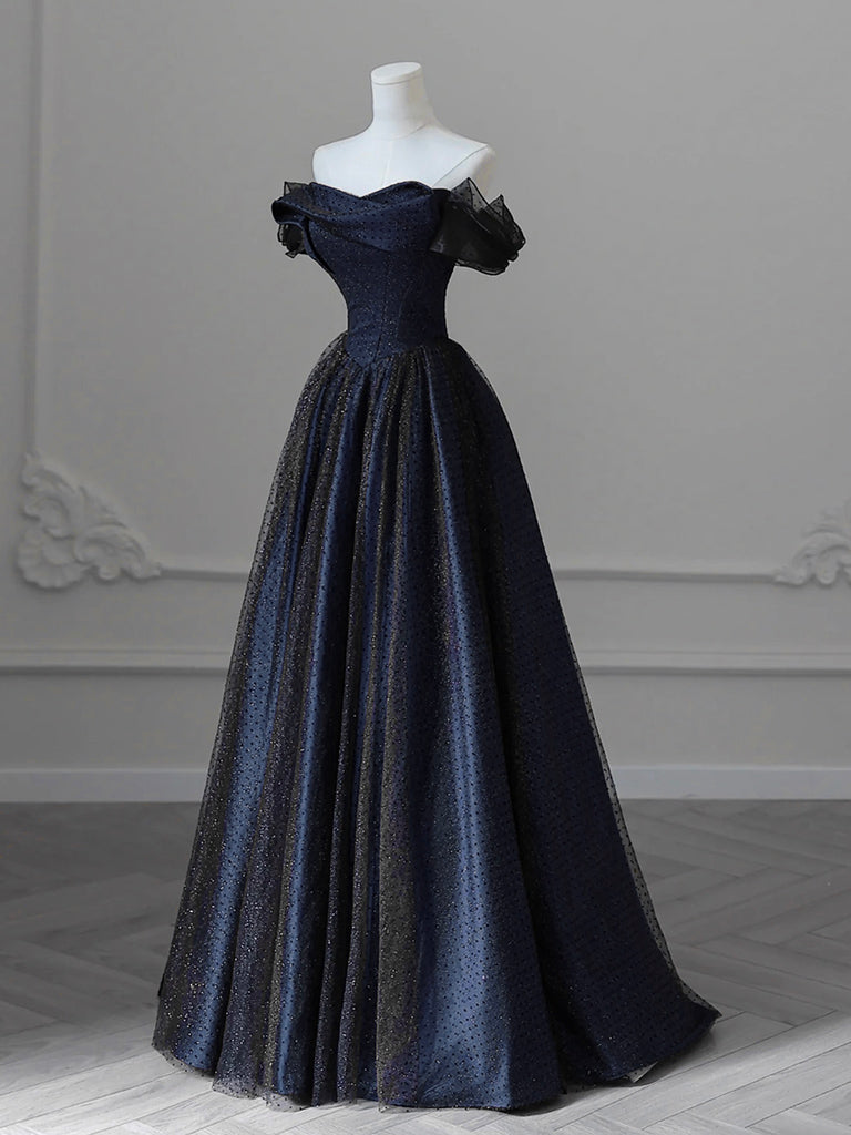 A-line Off Shoulder Satin Tulle Dark Blue Long Prom Dress, Dark Blue Long Formal Dress