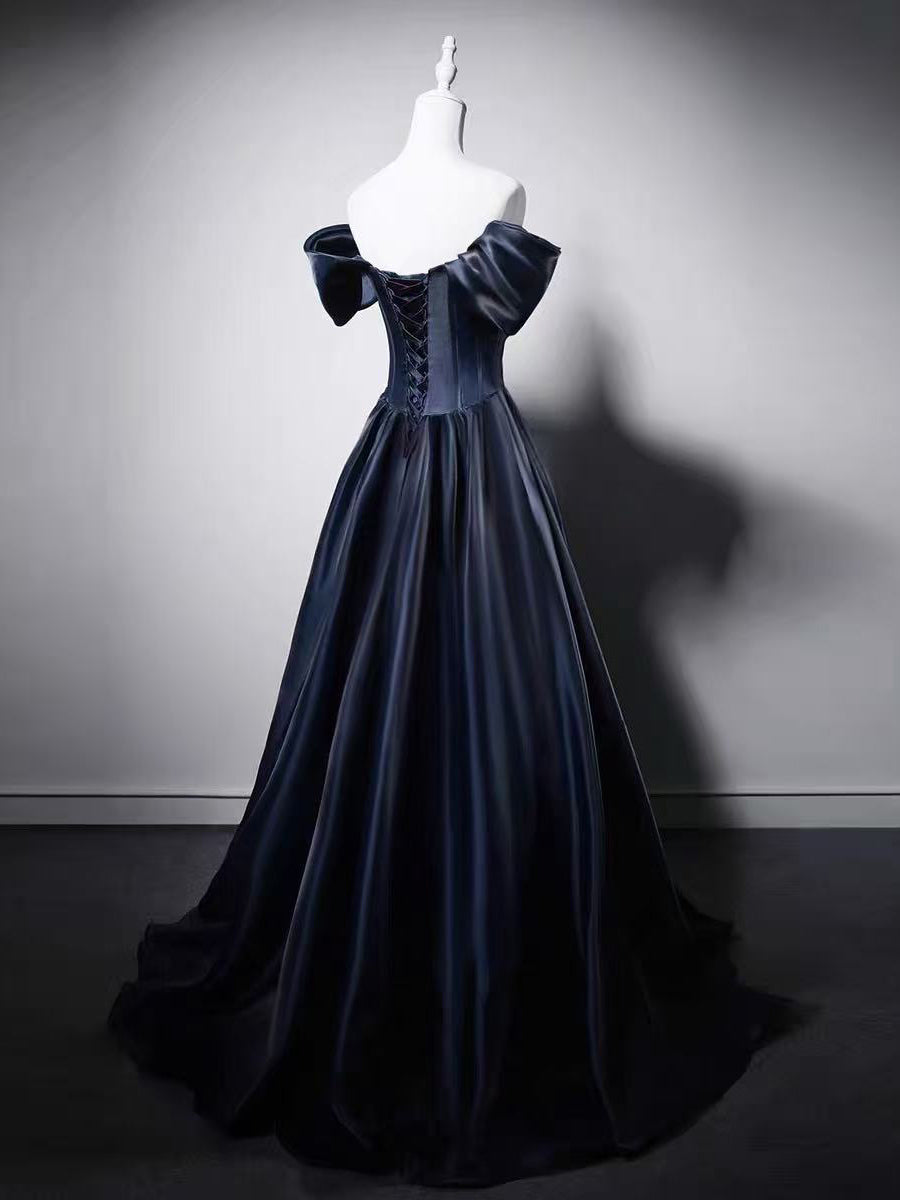 A-line Off Shoulder Sweetheart Neck Satin Long Prom Dress with Sequin