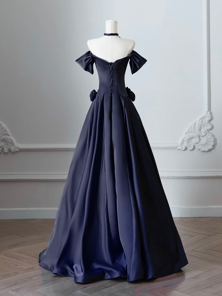 A-Line Off Shoulder Satin Dark Blue Long Prom Dress, Dark Blue Long Formal Dress