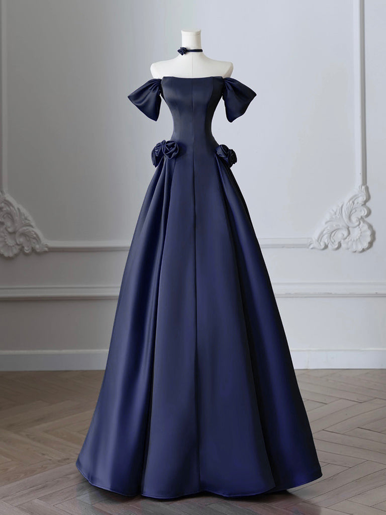 A-Line Off Shoulder Satin Dark Blue Long Prom Dress, Dark Blue Long Formal Dress