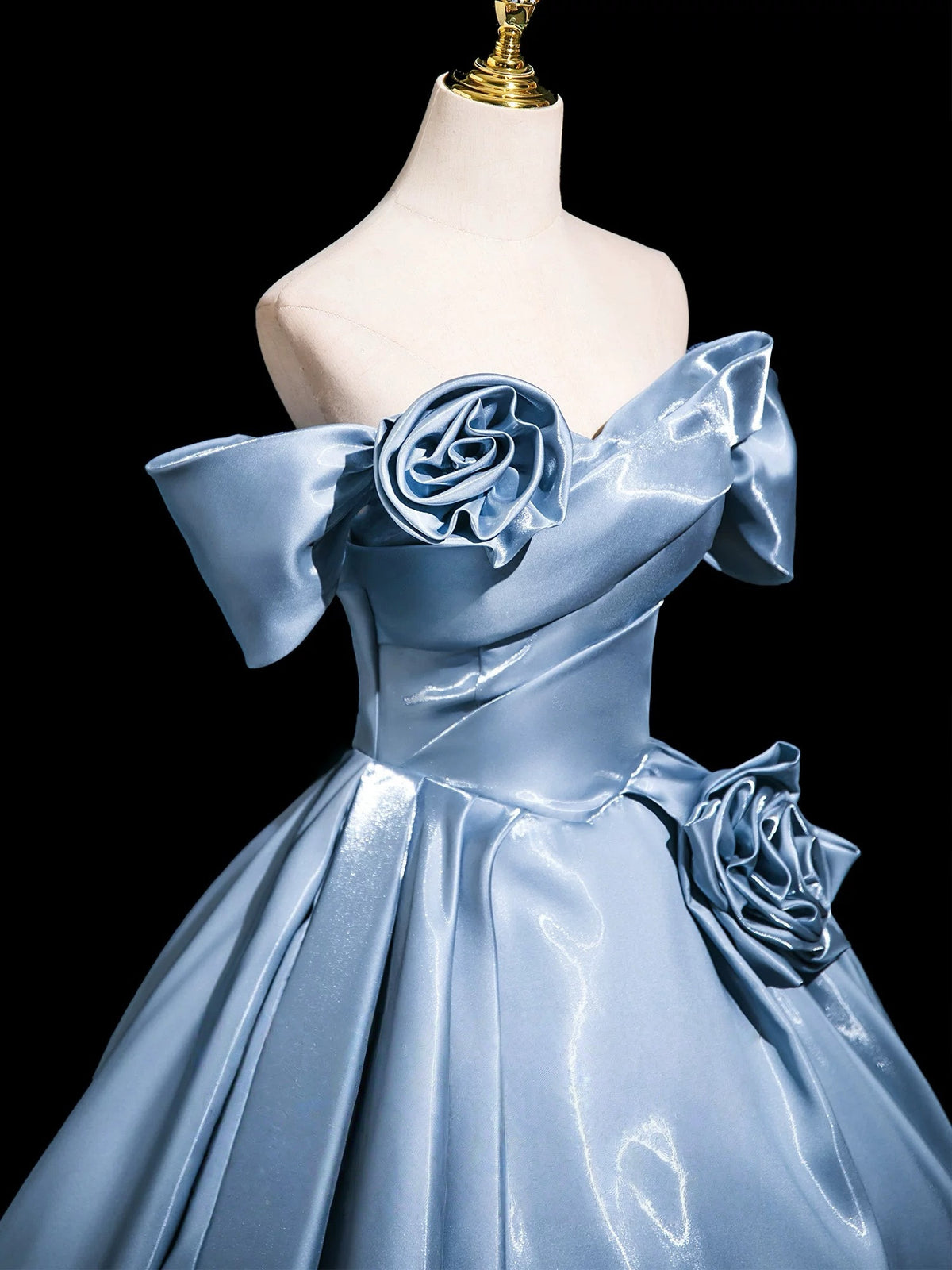 A-Line Off Shoulder Satin Floor Length Blue Long Prom Dress With 3D Flower