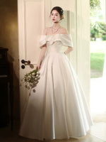 A-Line Off Shoulder Satin White Long Prom Dress, White Long Formal Dress