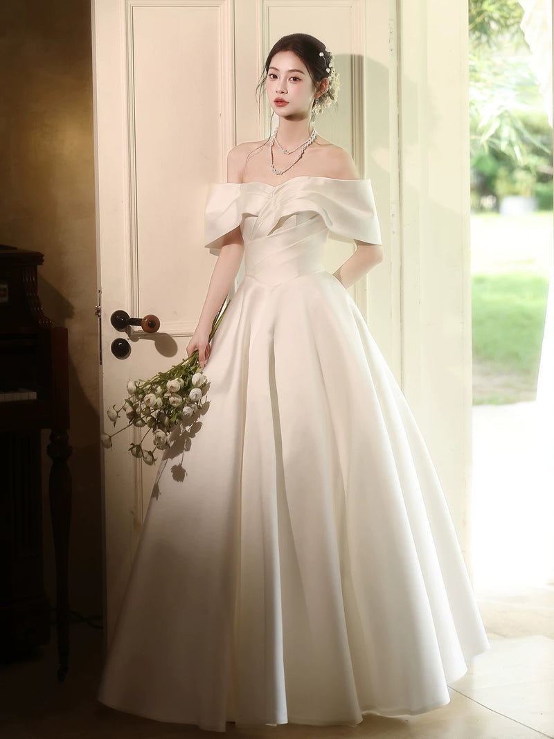 A-Line Off Shoulder Satin White Long Prom Dress, White Long Formal Dress