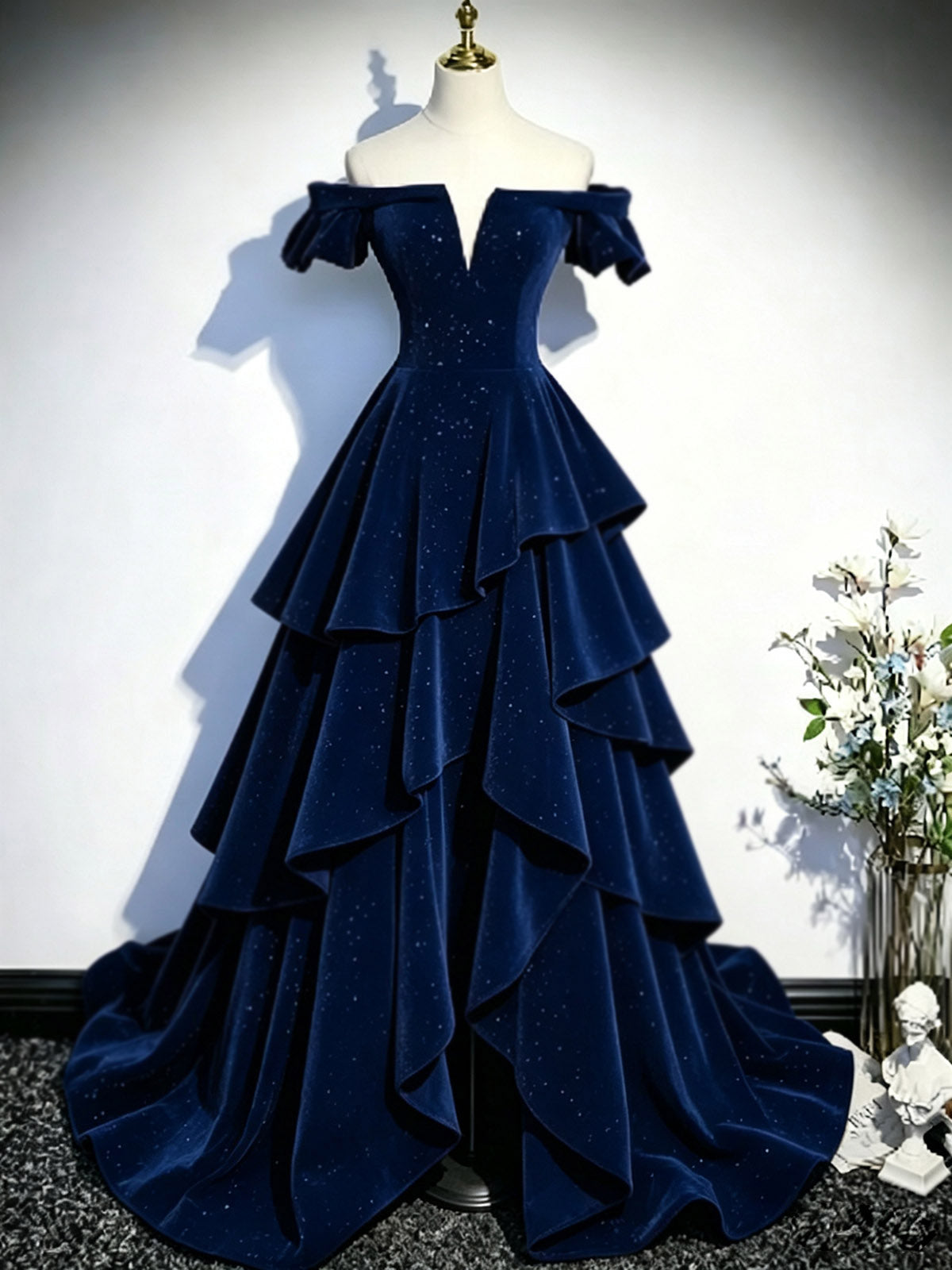 A-Line Off Shoulder Ruffles Shiny Velvet Dark Blue Long Prom Dress