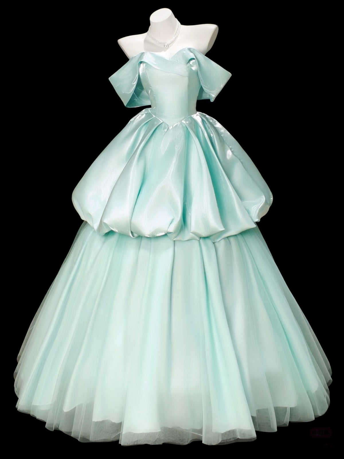A-Line Sweetheart Neck Off Shoulder Tulle Satin Mint Green Long Prom Dress