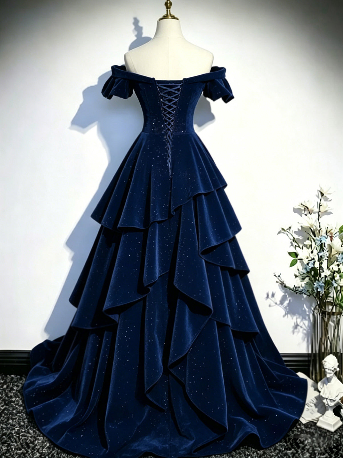 A-Line Off Shoulder Ruffles Shiny Velvet Dark Blue Long Prom Dress