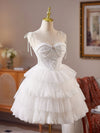 A-line Sweetheart Neck Tulle Lace White Short Prom Dress, White Homecoming Dress