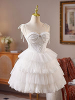 A-line Sweetheart Neck Tulle Lace White Short Prom Dress, White Homecoming Dress