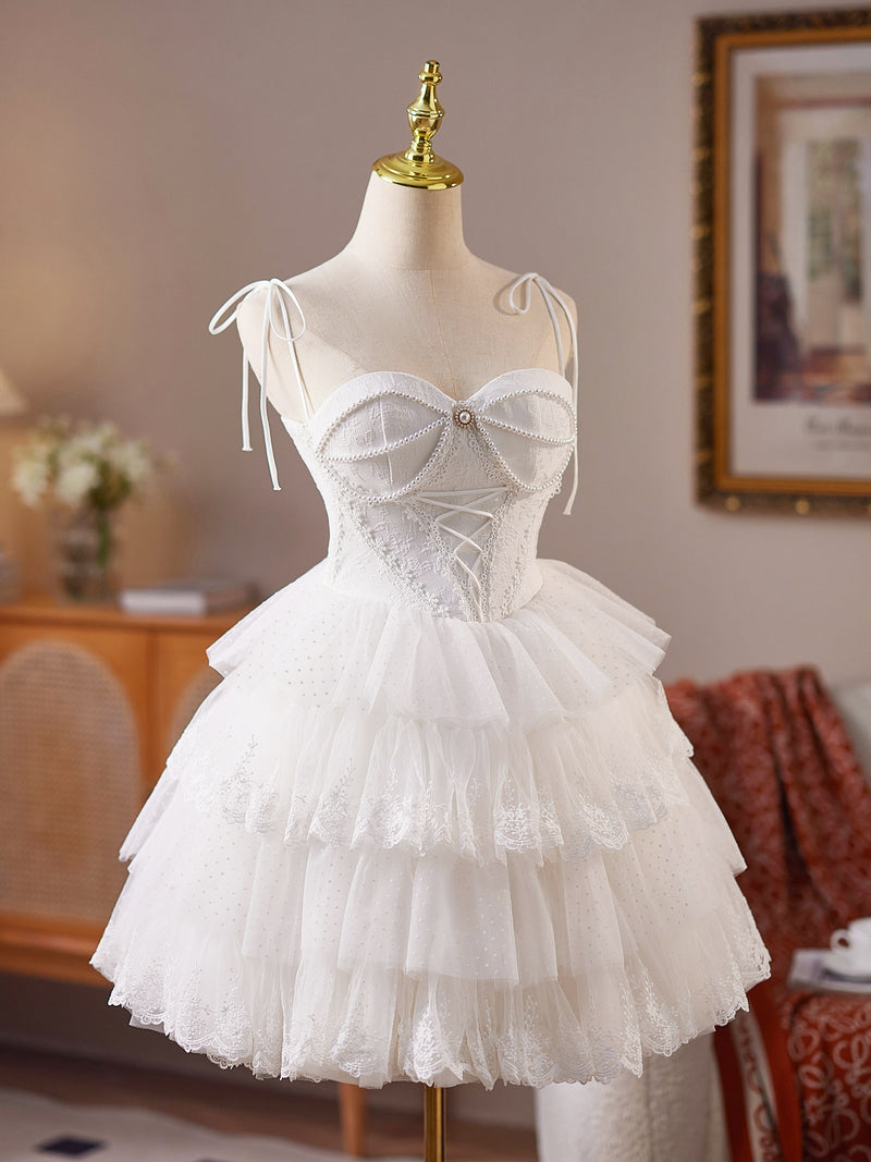 A-line Sweetheart Neck Tulle Lace White Short Prom Dress, White Homecoming Dress