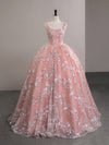 A-Line Tulle Lace Pink Long Prom Dress, Pink Lace Long Formal Dress