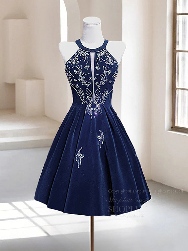 A-Line Velvet Beads Dark Blue Short Prom Dress, Dark Blue Homecoming Dress US 6 / Blue