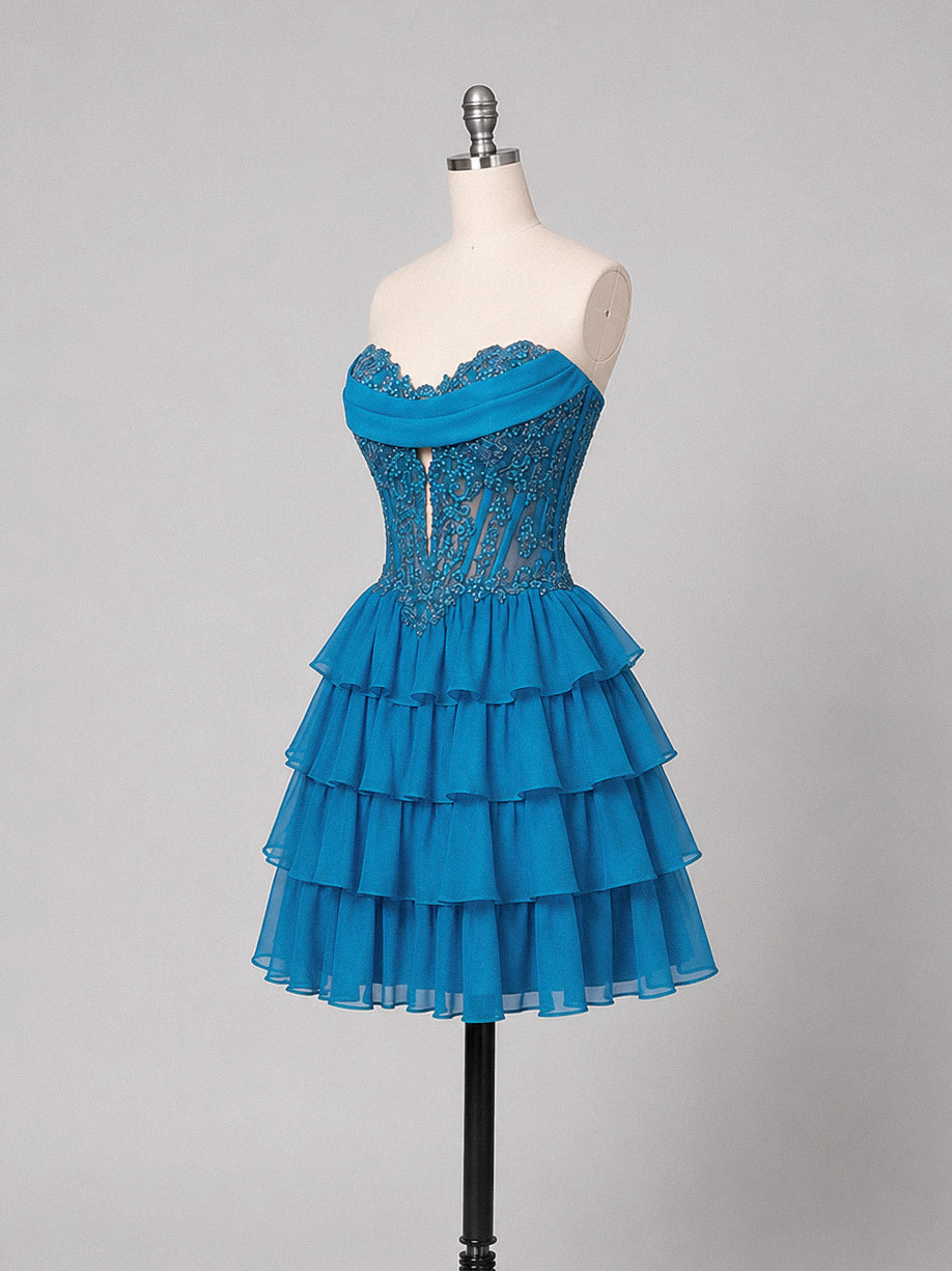 A-Line Sweetheart Chiffon Lace Applique Short Blue Prom Dress
