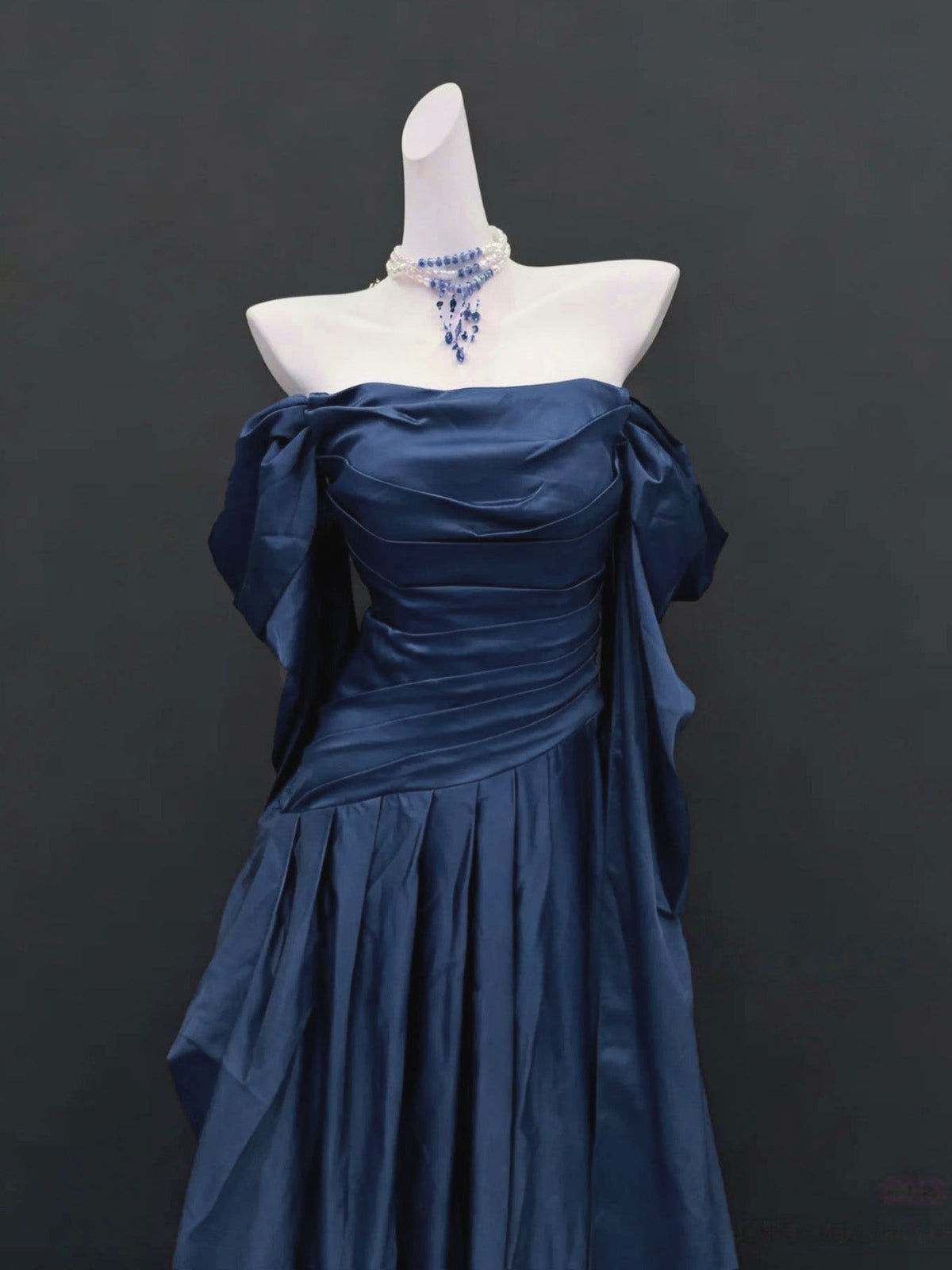 A-Line Off Shoulder Sweep Train Satin Dark Blue Long Prom Dress