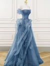 A-Line Off Shoulder Tulle Lace Gray Blue Long Prom Dress, Gray Blue Long Formal Dress