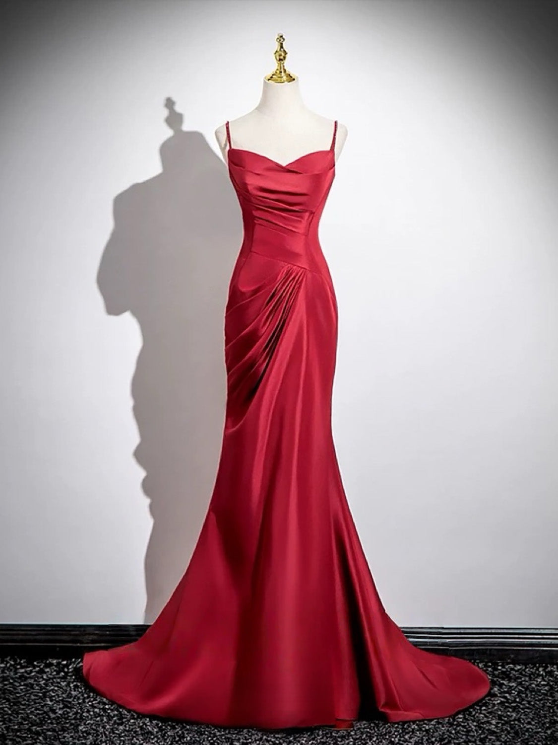 A-line V Neck Satin Puff Sleeves Sweep Train Red Prom Dress